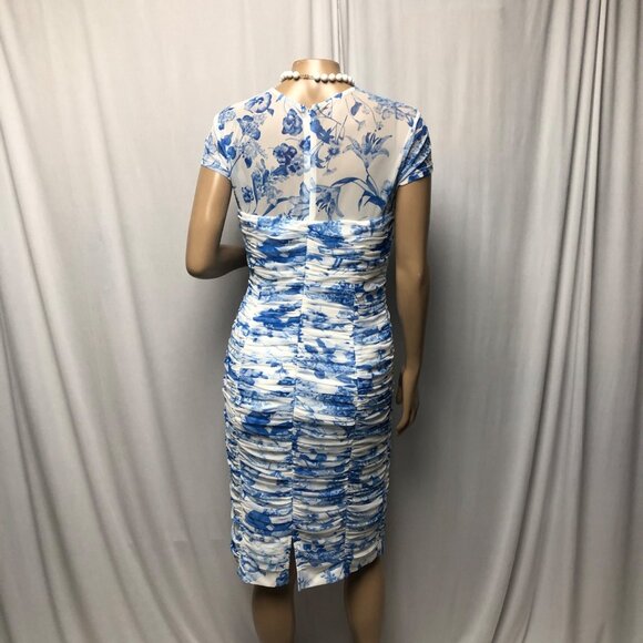 Vicky Tiel Ruched Floral Dress Womens Size Medium Blue White Sweetheart Cocktail - Picture 5 of 10